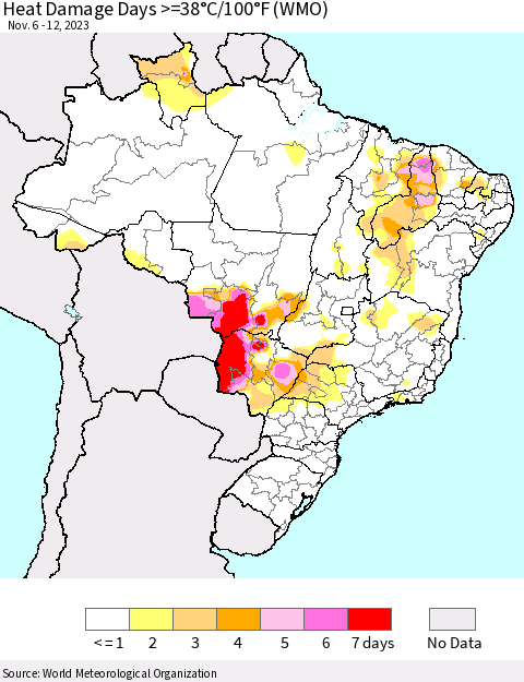 Brazil Heat Damage Days >=38°C/100°F (WMO) Thematic Map For 11/6/2023 - 11/12/2023