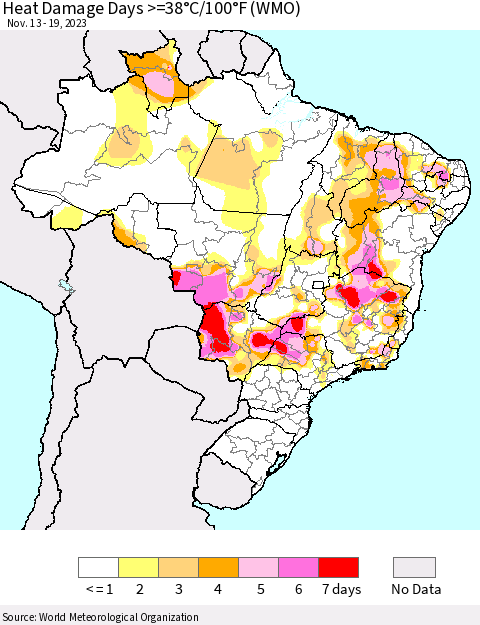 Brazil Heat Damage Days >=38°C/100°F (WMO) Thematic Map For 11/13/2023 - 11/19/2023