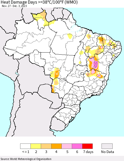 Brazil Heat Damage Days >=38°C/100°F (WMO) Thematic Map For 11/27/2023 - 12/3/2023