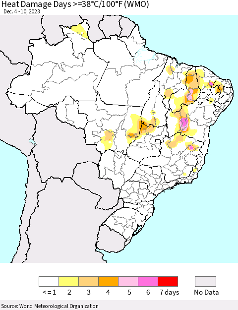 Brazil Heat Damage Days >=38°C/100°F (WMO) Thematic Map For 12/4/2023 - 12/10/2023