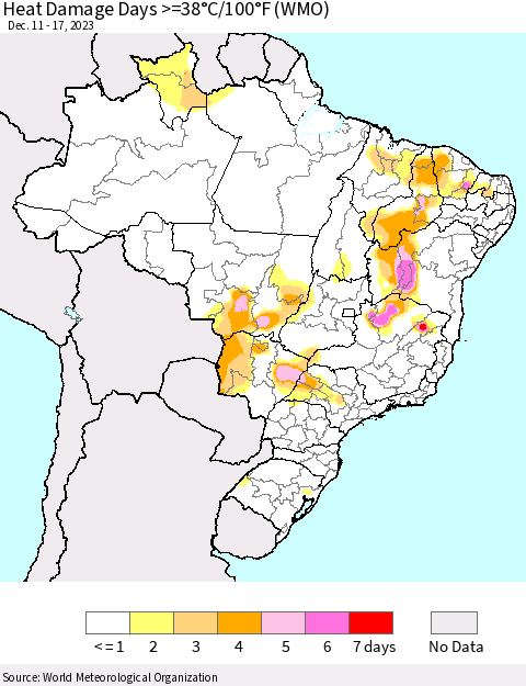 Brazil Heat Damage Days >=38°C/100°F (WMO) Thematic Map For 12/11/2023 - 12/17/2023