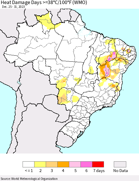Brazil Heat Damage Days >=38°C/100°F (WMO) Thematic Map For 12/25/2023 - 12/31/2023