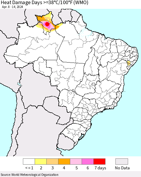 Brazil Heat Damage Days >=38°C/100°F (WMO) Thematic Map For 4/8/2024 - 4/14/2024
