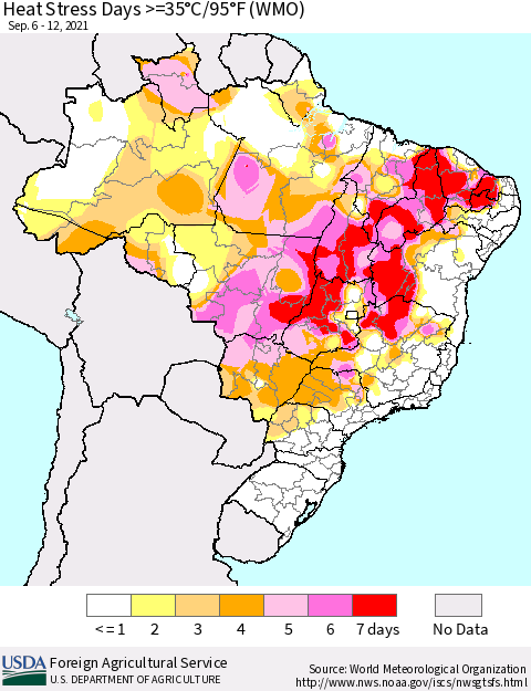 Brazil Heat Stress Days >=35°C/95°F (WMO) Thematic Map For 9/6/2021 - 9/12/2021