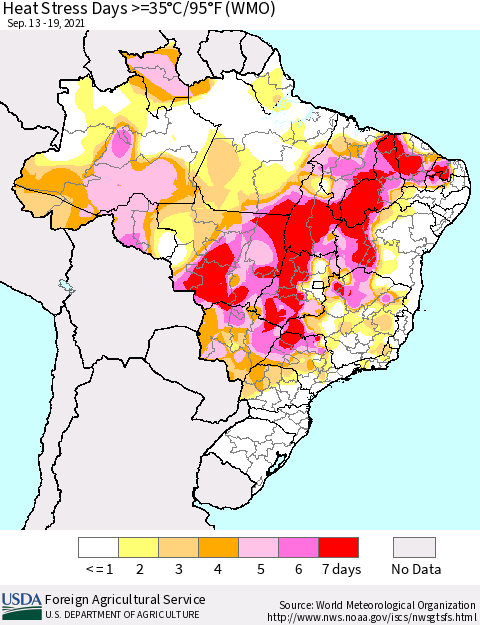 Brazil Heat Stress Days >=35°C/95°F (WMO) Thematic Map For 9/13/2021 - 9/19/2021