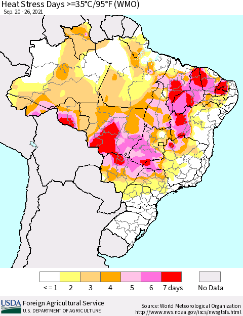 Brazil Heat Stress Days >=35°C/95°F (WMO) Thematic Map For 9/20/2021 - 9/26/2021