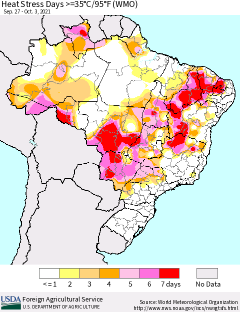Brazil Heat Stress Days >=35°C/95°F (WMO) Thematic Map For 9/27/2021 - 10/3/2021