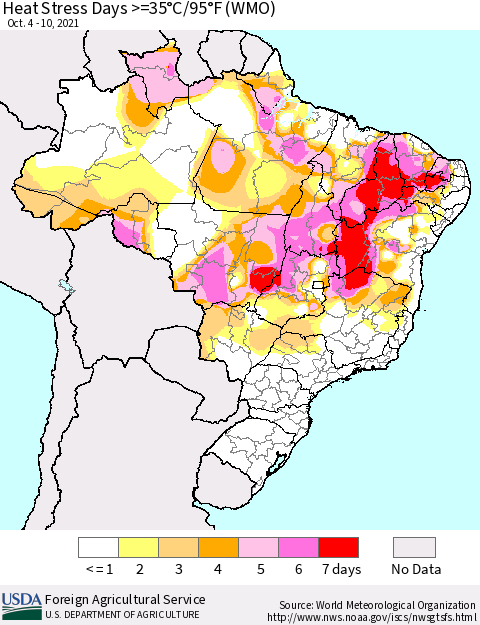 Brazil Heat Stress Days >=35°C/95°F (WMO) Thematic Map For 10/4/2021 - 10/10/2021