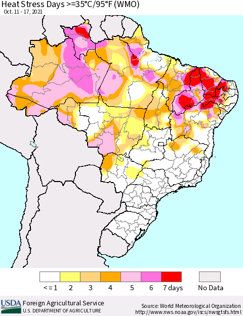 Brazil Heat Stress Days >=35°C/95°F (WMO) Thematic Map For 10/11/2021 - 10/17/2021
