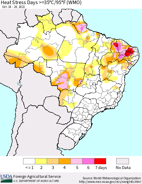 Brazil Heat Stress Days >=35°C/95°F (WMO) Thematic Map For 10/18/2021 - 10/24/2021