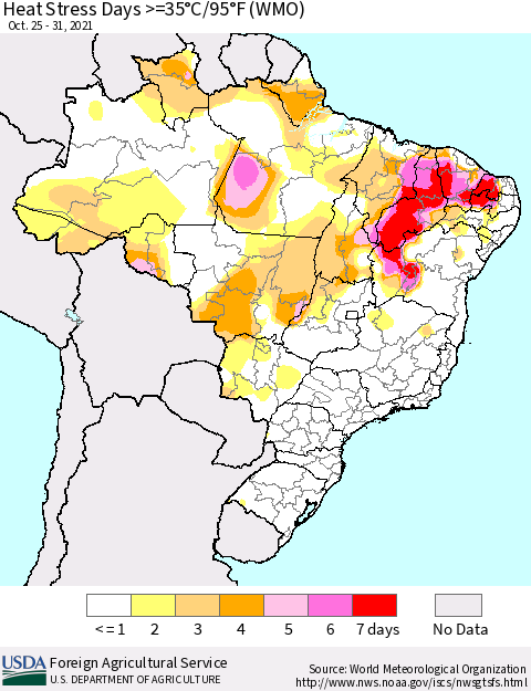 Brazil Heat Stress Days >=35°C/95°F (WMO) Thematic Map For 10/25/2021 - 10/31/2021