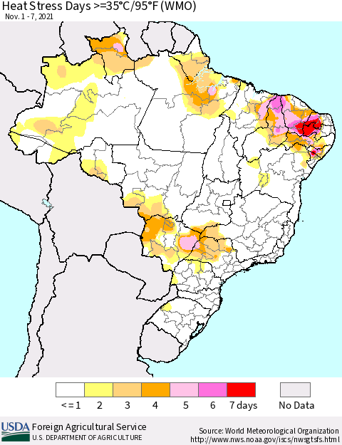 Brazil Heat Stress Days >=35°C/95°F (WMO) Thematic Map For 11/1/2021 - 11/7/2021