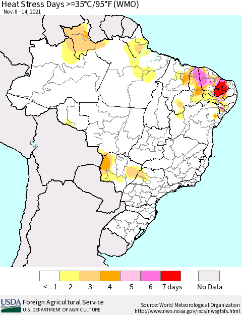 Brazil Heat Stress Days >=35°C/95°F (WMO) Thematic Map For 11/8/2021 - 11/14/2021