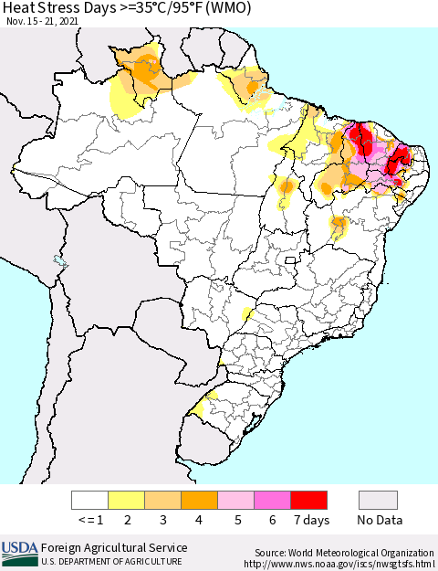 Brazil Heat Stress Days >=35°C/95°F (WMO) Thematic Map For 11/15/2021 - 11/21/2021