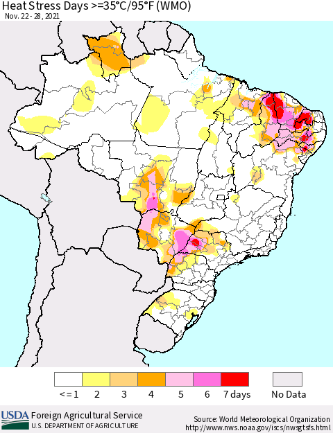 Brazil Heat Stress Days >=35°C/95°F (WMO) Thematic Map For 11/22/2021 - 11/28/2021