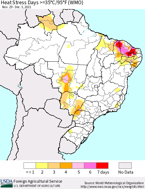 Brazil Heat Stress Days >=35°C/95°F (WMO) Thematic Map For 11/29/2021 - 12/5/2021