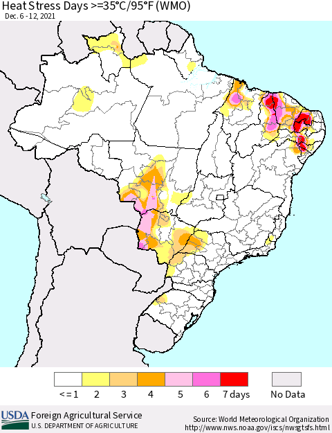 Brazil Heat Stress Days >=35°C/95°F (WMO) Thematic Map For 12/6/2021 - 12/12/2021