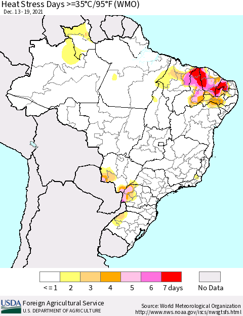 Brazil Heat Stress Days >=35°C/95°F (WMO) Thematic Map For 12/13/2021 - 12/19/2021