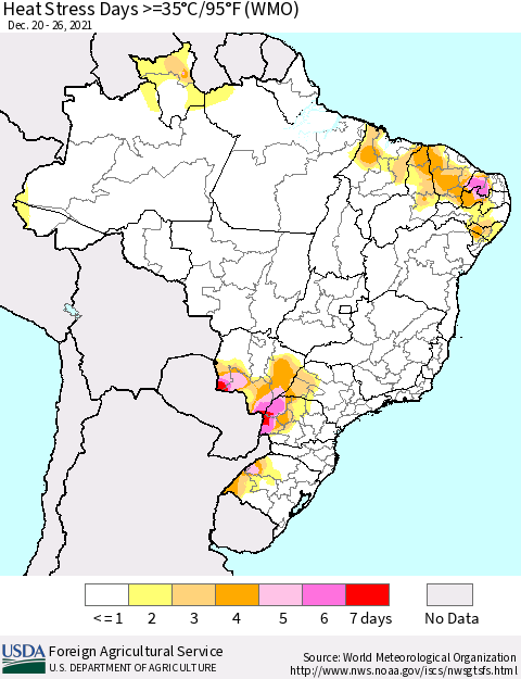 Brazil Heat Stress Days >=35°C/95°F (WMO) Thematic Map For 12/20/2021 - 12/26/2021