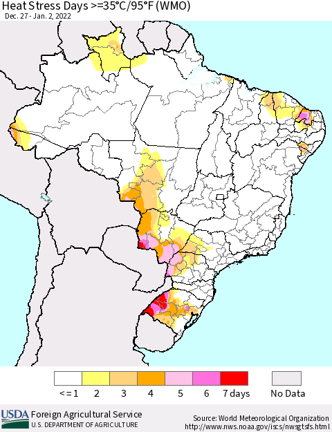 Brazil Heat Stress Days >=35°C/95°F (WMO) Thematic Map For 12/27/2021 - 1/2/2022