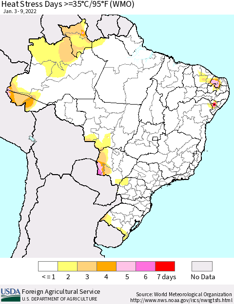 Brazil Heat Stress Days >=35°C/95°F (WMO) Thematic Map For 1/3/2022 - 1/9/2022