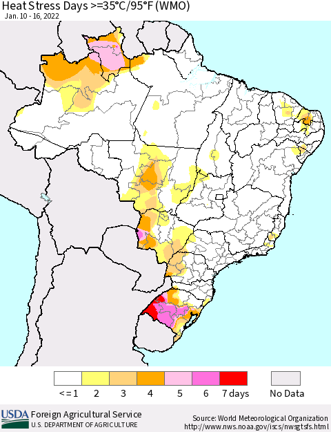 Brazil Heat Stress Days >=35°C/95°F (WMO) Thematic Map For 1/10/2022 - 1/16/2022