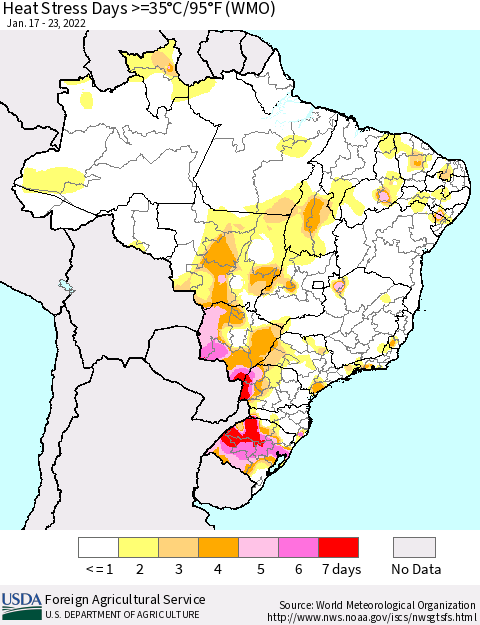 Brazil Heat Stress Days >=35°C/95°F (WMO) Thematic Map For 1/17/2022 - 1/23/2022