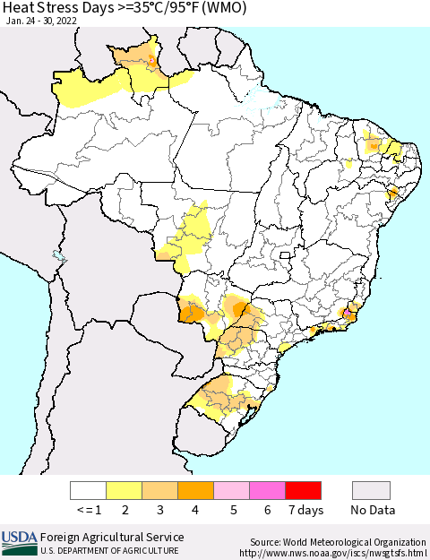 Brazil Heat Stress Days >=35°C/95°F (WMO) Thematic Map For 1/24/2022 - 1/30/2022