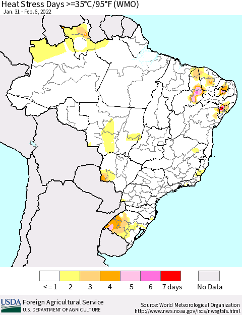 Brazil Heat Stress Days >=35°C/95°F (WMO) Thematic Map For 1/31/2022 - 2/6/2022