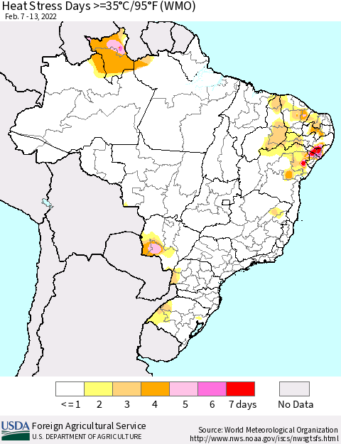 Brazil Heat Stress Days >=35°C/95°F (WMO) Thematic Map For 2/7/2022 - 2/13/2022