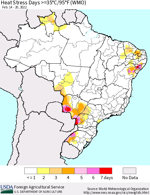 Brazil Heat Stress Days >=35°C/95°F (WMO) Thematic Map For 2/14/2022 - 2/20/2022