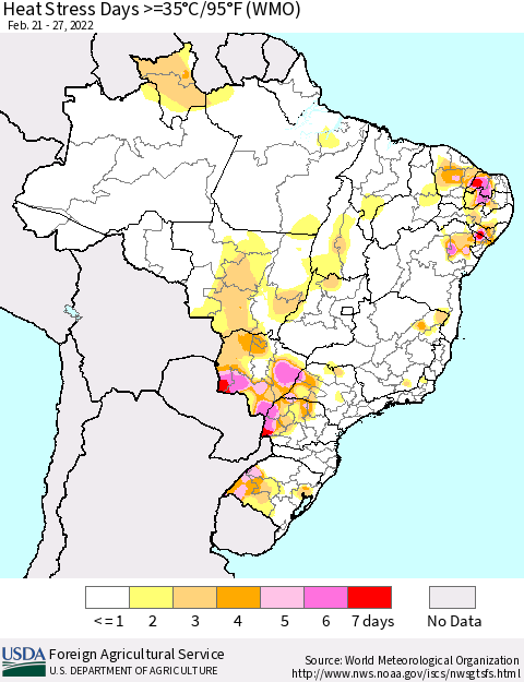 Brazil Heat Stress Days >=35°C/95°F (WMO) Thematic Map For 2/21/2022 - 2/27/2022
