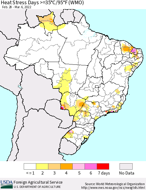 Brazil Heat Stress Days >=35°C/95°F (WMO) Thematic Map For 2/28/2022 - 3/6/2022