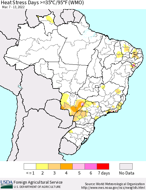 Brazil Heat Stress Days >=35°C/95°F (WMO) Thematic Map For 3/7/2022 - 3/13/2022