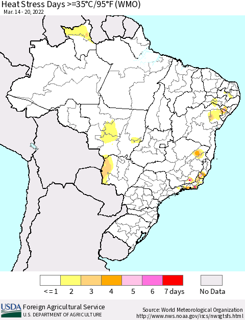 Brazil Heat Stress Days >=35°C/95°F (WMO) Thematic Map For 3/14/2022 - 3/20/2022