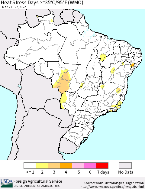 Brazil Heat Stress Days >=35°C/95°F (WMO) Thematic Map For 3/21/2022 - 3/27/2022