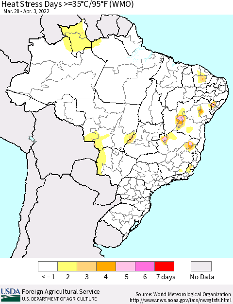 Brazil Heat Stress Days >=35°C/95°F (WMO) Thematic Map For 3/28/2022 - 4/3/2022