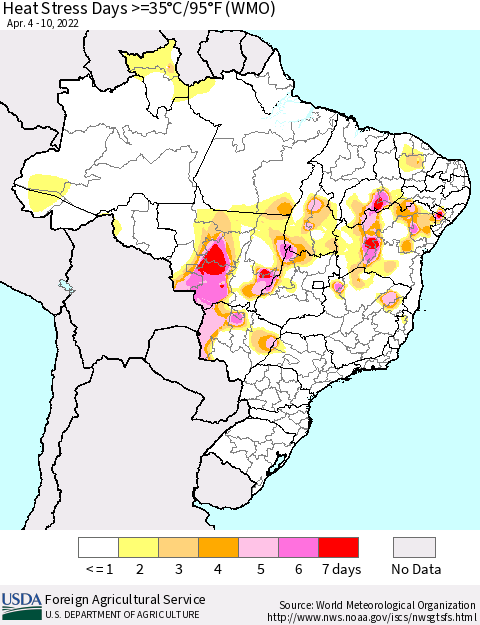 Brazil Heat Stress Days >=35°C/95°F (WMO) Thematic Map For 4/4/2022 - 4/10/2022