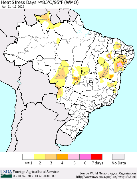 Brazil Heat Stress Days >=35°C/95°F (WMO) Thematic Map For 4/11/2022 - 4/17/2022