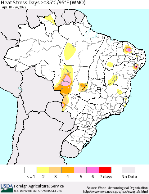 Brazil Heat Stress Days >=35°C/95°F (WMO) Thematic Map For 4/18/2022 - 4/24/2022