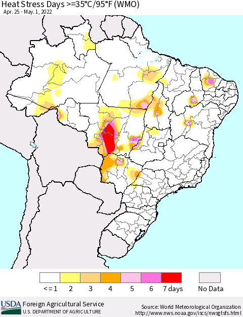 Brazil Heat Stress Days >=35°C/95°F (WMO) Thematic Map For 4/25/2022 - 5/1/2022