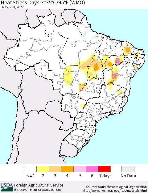 Brazil Heat Stress Days >=35°C/95°F (WMO) Thematic Map For 5/2/2022 - 5/8/2022