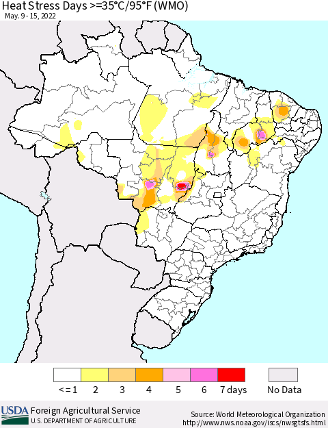 Brazil Heat Stress Days >=35°C/95°F (WMO) Thematic Map For 5/9/2022 - 5/15/2022