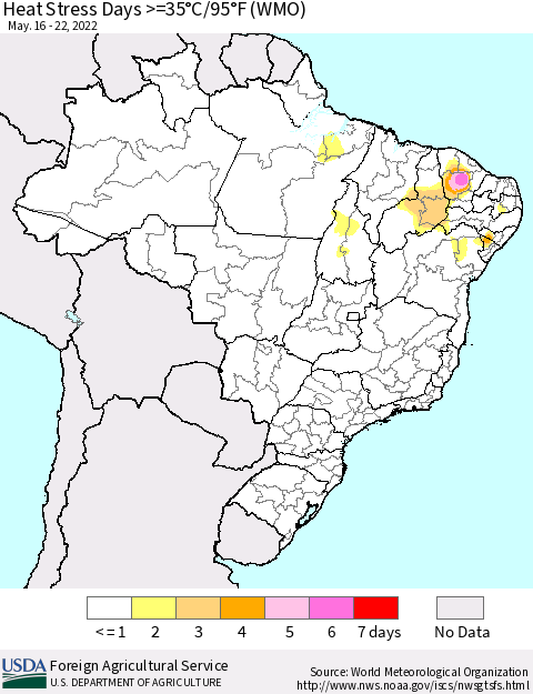 Brazil Heat Stress Days >=35°C/95°F (WMO) Thematic Map For 5/16/2022 - 5/22/2022