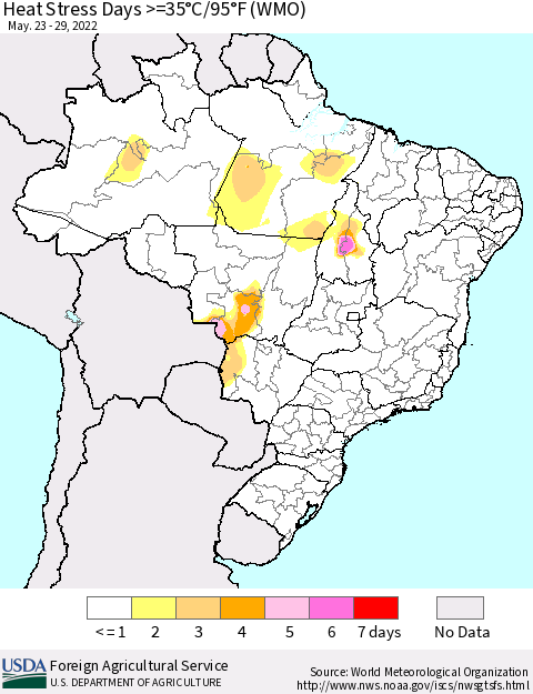 Brazil Heat Stress Days >=35°C/95°F (WMO) Thematic Map For 5/23/2022 - 5/29/2022