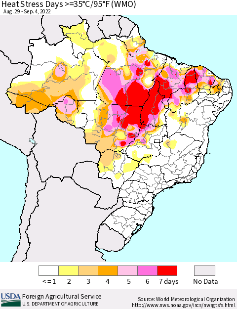 Brazil Heat Stress Days >=35°C/95°F (WMO) Thematic Map For 8/29/2022 - 9/4/2022