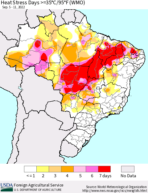 Brazil Heat Stress Days >=35°C/95°F (WMO) Thematic Map For 9/5/2022 - 9/11/2022