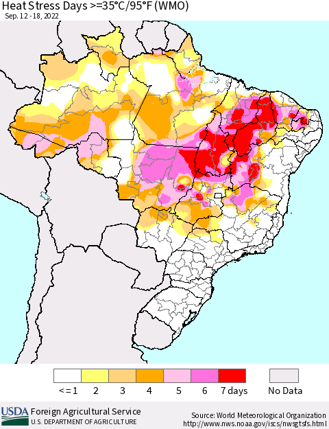 Brazil Heat Stress Days >=35°C/95°F (WMO) Thematic Map For 9/12/2022 - 9/18/2022