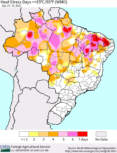 Brazil Heat Stress Days >=35°C/95°F (WMO) Thematic Map For 9/19/2022 - 9/25/2022