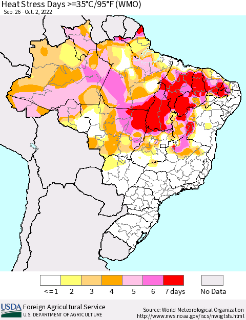 Brazil Heat Stress Days >=35°C/95°F (WMO) Thematic Map For 9/26/2022 - 10/2/2022